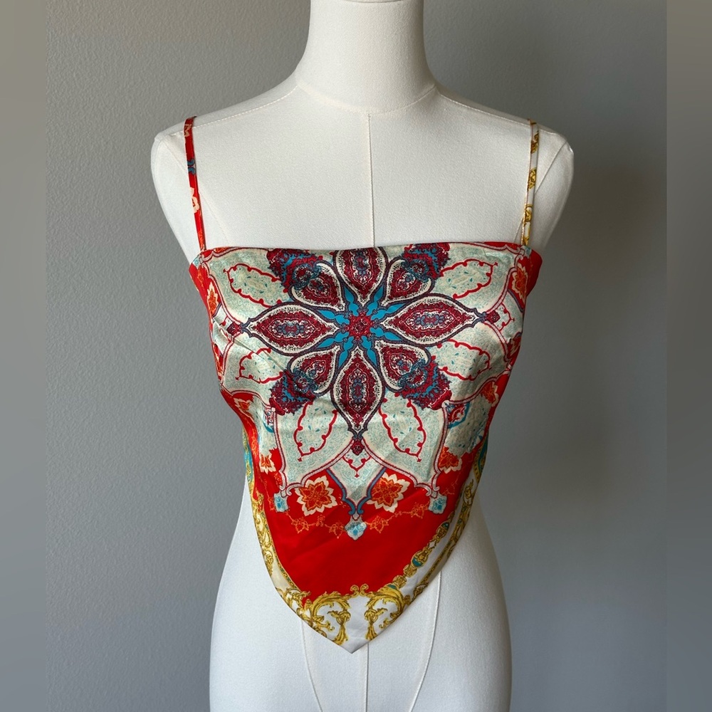 Papaya Y2K Satin Scarf Crop Top Red and Gold  Bandana - L